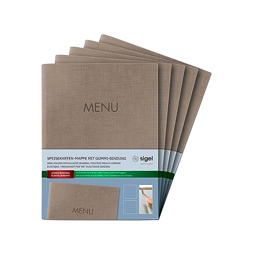 SIGEL SM211/5 Speisekarten-Mappe A5, Gummi-Bindung, beige mit Leinenstruktur, 5er Pack, strapazierfähig und leicht abwischbar