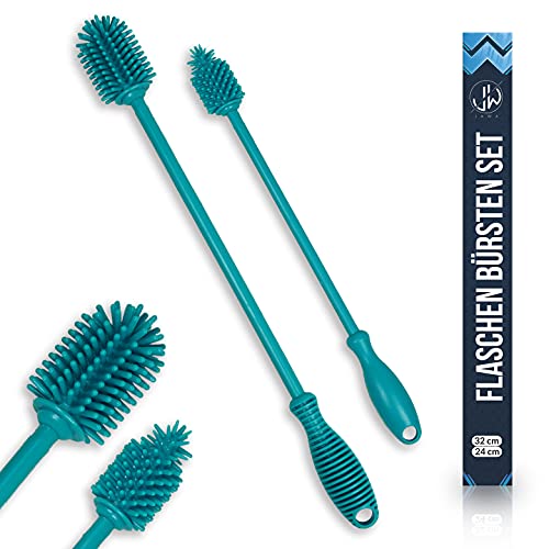 JAWAonline Spülbürsten Set 32cm und 24cm - Flaschenbürste Silikon schonend und kratzfrei - Flexible Flaschenreiniger Bürste - Premium Bottle Brush - Reinigungsbürste für kleine und große Flaschen