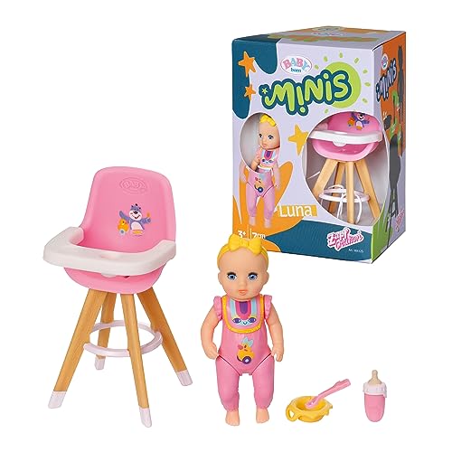 BABY born Minis Hochstuhl-Spielset mit Minis-Puppe Luna, Flasche und Teller, 906125 Zapf Creation