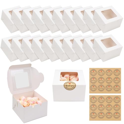 JOYSKY 20 Stück Weiße Cupcake-Boxen mit Fenstern und 24 Aufklebern - Minimalistische Papierzuckerdose, 10 x 10 x 6,5 cm, für Kuchen, Kekse und Geschenke
