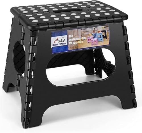 Blauesmeer Tritthocker Klappbar 27cm Schwarz, Klapphocker Faltbar mit 150 kg Tragkraft, Anti-Rutsch Oberfläche & Tragegriff - Platzsparender Klappbarer Hocker für Küche, Bad, Camping und Kinder​​
