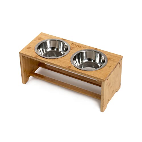 lionto erhöhter Hundenapf aus robustem & pflegeleichtem Bambus, 44x20x19 cm, doppelter Futternapf für Hunde & Katzen, 2 Edelstahlnäpfe Ø 14 cm & je 550 ml Fassungsvermögen, rutschfest & gelenkschonend