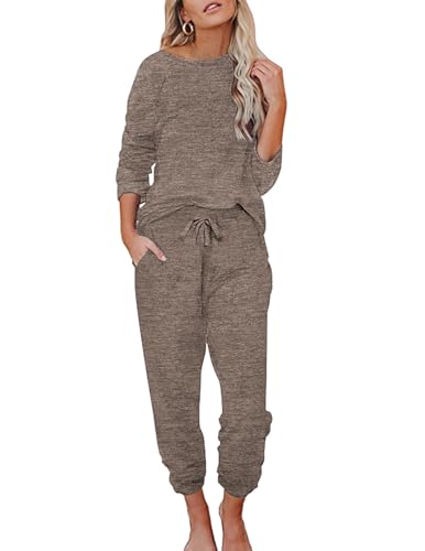 Ekouaer Damen Schlafanzug Lang Weich Pyjama Set mit Taschen Zweiteiler Winter Hausanzug Heller Kaffee M