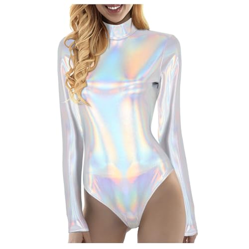 Damen Body Metallic Langarm Leotard Karneval Kostüm Silber Metallic Glänzende Ballettanzug Ballettbody Glitzer Body Damen Gymnastikanzug Trikot Langarm Bodysuit Metallic Einteiler Turnanzug (L)