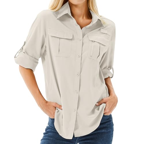 yeyity Hemdbluse Damen UPF 50+ UV Schutz Langarmshirt Damen Outdoor Wanderhemd Safari Kleidung Damen Atmungsaktiv Quick Dry Casual Tops Sport Oberteile(5071,Light Khaki,XS)