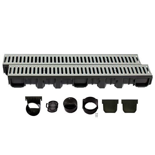 ScarMaxx - A15 Entwässerungsrinne Set - Bodenrinne - Regenwasser-Ablauf - Abfluss mit Gitter - Drainagekanal - Flach - Kunststoff - Bauhöhe 115 mm - mit Stegrost Stahl Verzinkt - 2m