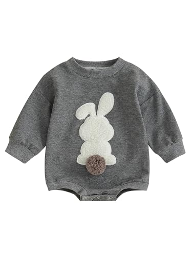LYSINK Baby Jungen Mädchen Ostern Sweatshirt Strampler Fuzzy Bunny Stickerei Jumpsuits Rundhals Langarm Einteiler Outfits, A-Grau, 6-12 Months