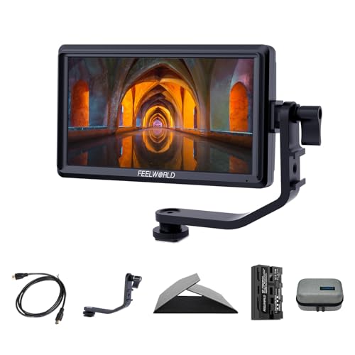 Feelworld S55 V3 5.5 Zoll DSLR Kamera Field Monitor Small Full HD 3DLUT 1920x1080 IPS Peaking Focus Video Assist mit 4K HDMI 8.4V DC Input Output Komplett mit Batterie und Tasche，Tilt Arm