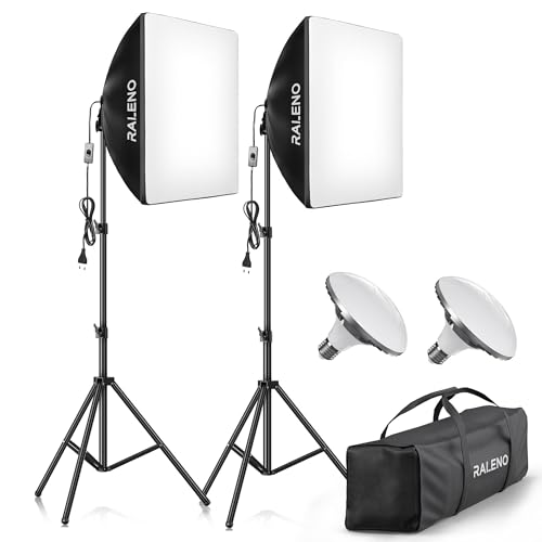 RALENO Softboxen, 2 x 50 W LED Softbox Fotostudio Set, 2 x 50 x 50 cm Fotolicht mit 5500 K Glühbirne und Stativ für Porträtfotografie, Game-Streaming, YouTube-Videofotografie