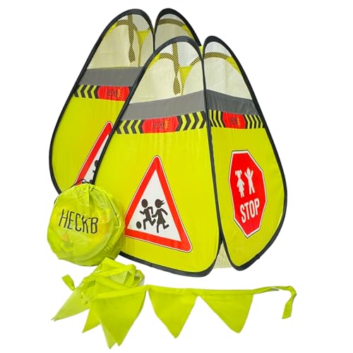 HECKBO 2x Straßenwarnschild Achtung Kinder Schild spielende Pylonen Pylone + Wimpelkette - Kinder Straßenpylone Kinder Sicherheit Safety Pop Up Set - Vorsicht Kinder Street Buddy Warnkegel