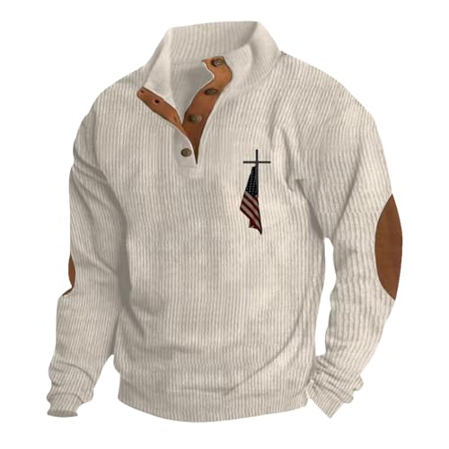 WKAYsIV Herren Pullover Elegant Sexy und Ärmeln, Vintage-Print, lockeres, lässiges Cord-Sweatshirt mit Vier Knöpfen Sweater Unisex (Beige, XXL)