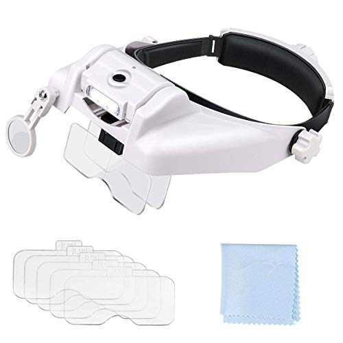 Lupenbrille mit Licht, Powcan Hände Frei Kopfband Lupen Standlupe mit 3 LED lichts für Hobby,Denest,Elektriker,Juweliere,Nähen,Handwerk,und ältere Menschen 6 Wechselobjektive (1.0X bis 3.5X,6X)