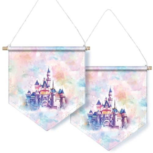 NBEADS 2 Stk. Pin Display Banner, Traumschloss-Muster Wandhängende Banner mit Holzdübel und Kordel Emaille Pin Wand Display Organizer für Anstecknadeln Abzeichen Buttons Sammlung, 27x24.5cm