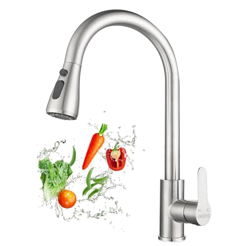 Wasserhahn Küche, Hochdruck Küchenarmatur mit Herausziehbarer Brause Ausziehbar Armatur, Mischbatterie Küche Spültischarmatur Brause 3 Modus, Edelstahl