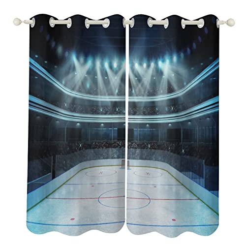 TEMLAN Eishockeyfeld Blauton Kinder Gardinen Sportveranstaltung Vorhänge Blickdicht Mit Ösen, Digitaldruck 3D Thermogardine Für Schlafzimmer Wohnzimmer (265 x 215 cm)