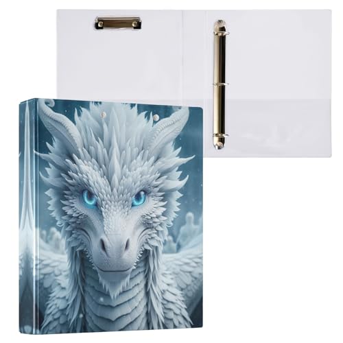 Weißer Drache mit blauen Augen, 3,8 cm, 3-Ringbuch, D-Ringbuch mit rutschfestem Metallclip, dekorativer niedlicher Ordner für Arbeit, Schule, Büro, 1 Packung