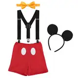 IBTOM CASTLE Neugeborenen Kleinkind Baby 1./2./3. Geburtstag Mickey Mouse Halloween Kostüm Outfit Hosen+Fliege+Clip-on Hosenträger+Maus Ohren 4pcs Bekleidungssets Foto-Shooting 008 Rot 12-18 Monate