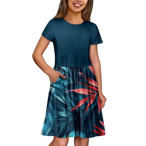 Generisch Sommerkleider Mädchen 2025 Girls Blumendruck Ärmellos Partykleid Casual Kurzarm Leicht Und Luftig Strandkleid Boho Hohe Taille V-Ausschnitt Blusenkleid Cute Tunika Midikleid（2-Navy,4Jahre