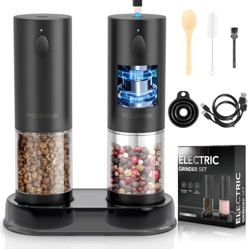 Pourbibi Elektrische Salz und Pfeffermühlen 2er Set mit USB Wiederaufladbarer, Große Kapazität Gewürzmühle Elektrisch Grinder mit LED-Licht, Pfeffermühle Elektrische mit Einstellbarem Grobheit