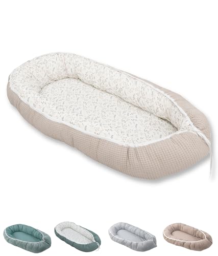 ULLENBOOM Babynest - 100% OEKO-TEX Materialien & Made in EU, Floral Sand - Babynestchen Neugeborene aus kuscheliger Baumwolle, Ideal als Reisebett & Kuschelnest geeignet