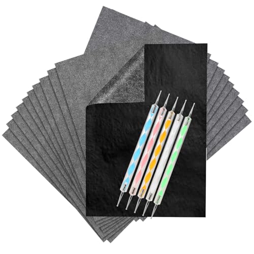 ALEEIK Pauspapier Schwarzes Kohle Papier Transferpapier 150 Blatt Carbon Papier mit 5 Pcs Präge Stift Graphitpapier A4 Durchschlagpapier für Holz Papier Leinwand