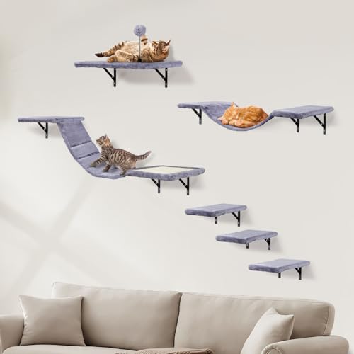Katzen kletterwand XXL Set mit Katzentreppe Wand, Katzenbaum Hängematte,Katzenbrücke,Kratzbrett und Kratzbaum,Katzenwandmöbel Set - 6 Teiliges Katzen Wandelemente für Katzen Catwalk (Hellgrau)