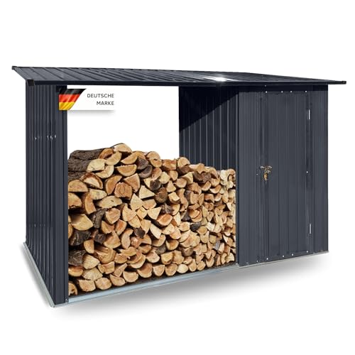 Albatros Profi Gerätehaus M –Geräteschuppen mit Holzunterstand für 2,3m³ Holz, verzinktes Metall in Anthrazit (RAL 7016) | 266x127x161cm | wetterfester Gerätelager Gartenschrank