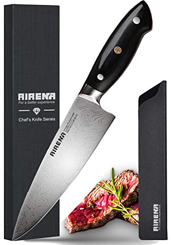 AIRENA Kochmesser, 8" Profi Küchenmesser, Full Tang Japanischer Stil Fleischmesser Allzweckmesser aus hochwertigem Carbon Edelstahl, Extra Scharfe Messer mit Holzgriff Ergonomischer Griff