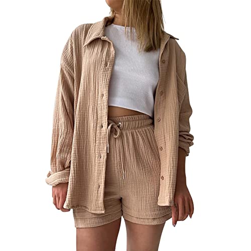 Generisch Angebot+des+Tages,Amaone+Prime,Musselin Set Damen Sommer Zweiteiler Elegant Y2K Musselin Bluse Und Shorts Lounge Set Baumwolle Sportanzug Oversize Freizeitanzug Outfit Zweiteiler,Khaki,M