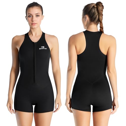 Owntop 2mm Shorty Neoprenanzug Damen – Frontreißverschluss Wetsuit zum Tauchen Surfen, Ärmellose Tauchanzüge Stretch Neopren für Wassersport, Schwarz XL