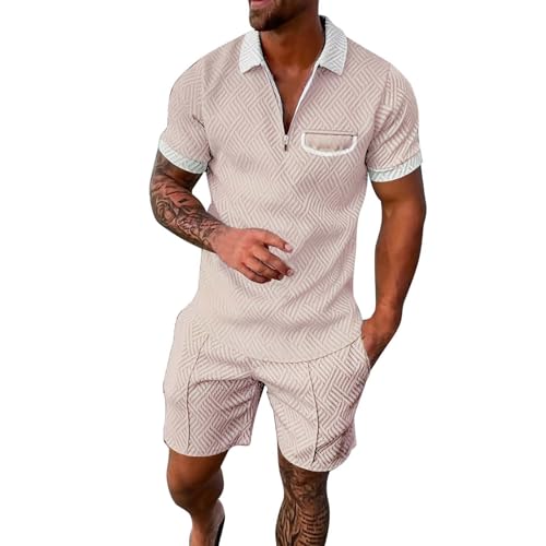 Business Herren Casual Reißverschluss Kurzarm Shorts 2-teiliges Set Trainingsanzug Real(Beige,S)