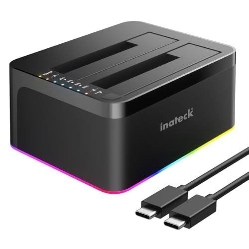 Inateck RGB USB 3.0 USB-C Port Festplatten Dockingstation mit Offline-Klonen, für 2,5/3,5 Zoll SATA HDDs und SSDs, 2 x 20TB Dual Bay Docking Station, UASP unterstützt, SA02003C