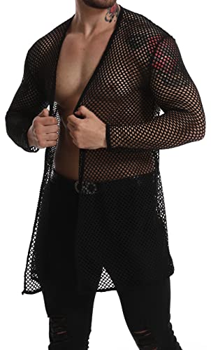 Morgenmantel Netz Cardigan - teiltransarenter sexy Morgenmantel mit langem Arm - schwarz Grösse L