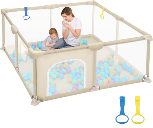 Dripex 124x124 cm Baby Laufstall, Laufgitter Baby, Kinderlaufgitter Großer Sicherheitsbereich mit 2 Laufgitterringen Braun