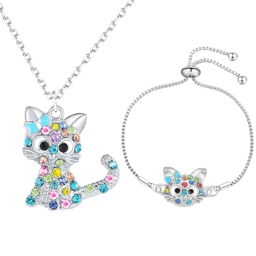 GlamRays Liebes Regenbogen Rhinestone Katzen Schmuck Set Für Mädchen Halsband Für Mädchen Armband Für Mädchen Schmuck Geschenk Für Mädchen Tochter Enkelin Nichte