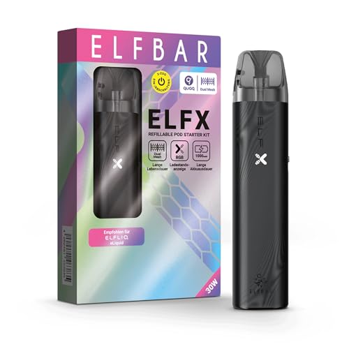 ELFBAR ELFX KIT I kein Liquid kein Nikotin enthalten I 1000 mAh Pod System Kit inkl. 2 Refillable Pods 0,6 & 0,8 Ohm I USB-C Schnellladung MTL/RDL (Black)