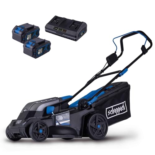Scheppach Akku-Rasenmäher BC-MP380-X 20V Brushless Akkumäher | 38cm Schnittbreite | für 450-500 m2 | Schnitthöhenverstellung von 25–75mm | 45L Korb | 20V-IXES-Serie | mit 2x 4Ah Akku & Doppelladegerät