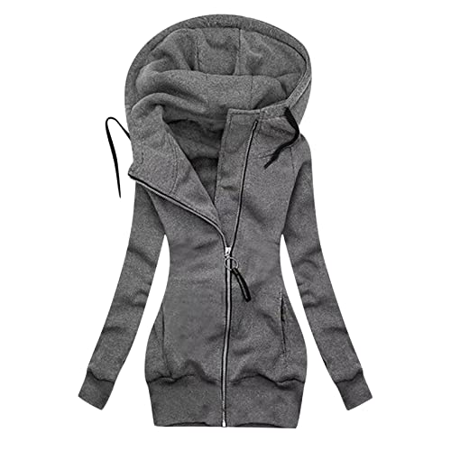 Sweatjacke Damen mit Kapuze Outdoorjacken Weiche Baumwolle Langarmjacke Hohe Mode Herbstmantel Elegant Retro Übergangsjacke Temperament Solid Steppjacke Parka Lässig Kapuzenpullover