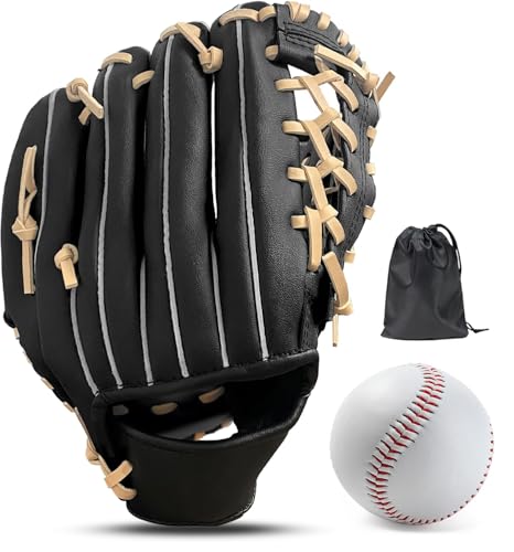 LeapBeast Baseball Handschuhe, Softball Handschuhe mit 1 Ball, Baseball Training Wettbewerb Handschuh Verdicken Dauerhaft Softballhandschuhe für Kinder Erwachsene (Black Brown -C, 12,5 Zoll)