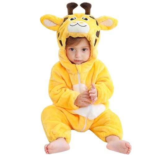 Bseical Baby Overall Winter,Kinder Tier Pyjamas Mit Kapuze,Baby Onesie,Flanell Strampler Unisex Baby,Karikatur Tier Jumpsuit,Dinosaurier Giraffe Bär Süß Strampler,Karneval Cosplay Kostüm (70cm, Gelb)