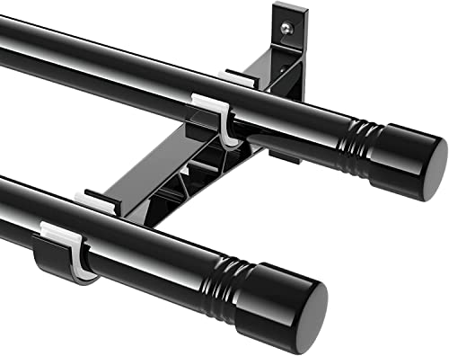 Gardinenstangen Innenlauf 2-Läufig aus Edelstahl, 76-198cm Gardinenstangen Verstellbare mit Kappenknäufen und Halterungen - Dekorative Fenster für Wohnzimmer Schlafzimmer Fenster/Schwarz