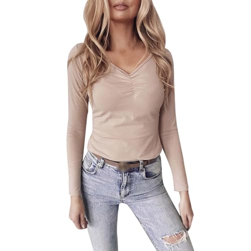 Langarmshirt Damen V Ausschnitt Oberteile Longsleeve Elegant T Shirt Stretch Basic Tee Longshirt Weißes Oberteil Damen Sexy (Khaki, XXL)