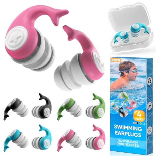 COZII Ohrstöpsel Schwimmen Kinder, 4 Paar Ohrstöpsel Schwimmen kinder, Wasserdichte Wiederverwendbare Silikon Ohrstöpsel zum Schwimmen Baden Duschen Surfen Kajakfahren für Kinder von 4-14 Jahren