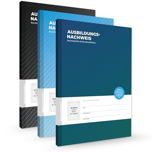3er Set Ausbildungsnachweishefte, für 3 Jahre, hochwertige Berichtshefte für die Ausbildung, Softcover mit Fadenheftung, DIN A4, 1 Woche je Seite, Montag bis Sonntag