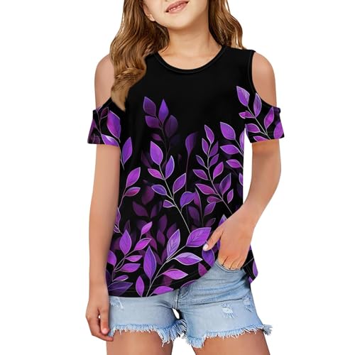 Tshirt Teenager Mädchen Oberteile Mädels Sport Frühling Bauchfrei Kalte Schulter Ärmel Mode Cool Baumwolle Lila