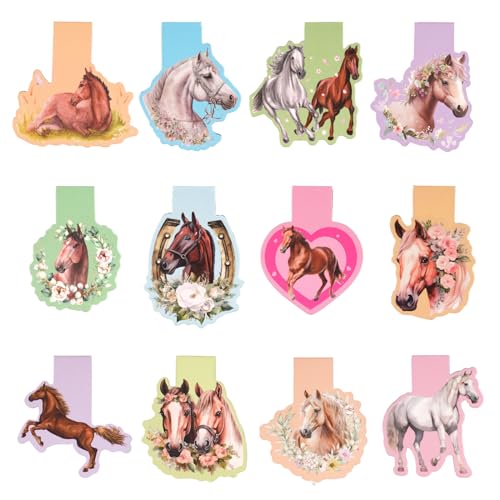 Magnetische Lesezeichen, 12 Stück Lesezeichen Kinder, Pferd Magnetische Lesezeichen mit Pferdemotiven, Ideal für Schüler, Junge, Mädchen, Buchliebhaber