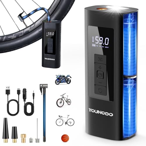 Elektrische Luftpumpe, YOUNGDO Fahrradpumpe, Luftpumpe Fahrrad 150PSI, Akku Kompressor 6000mAh, Fahrradpumpe alle Ventile für Fahrrad, Motorrad, Auto