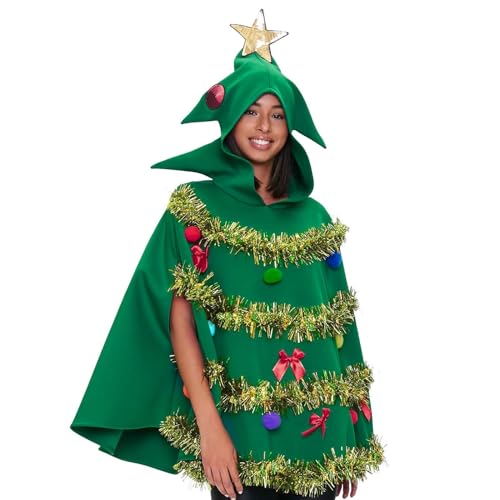 Tobysper Weihnachtsbaum-Poncho für Erwachsene, Schleife, Ball, Dekoration, Kapuzenumhang, Umhang, Weihnachts-Poncho, Party, Requisite, Themenparty, Clubwear