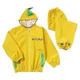 Dioshark Regenanzug Jungen Wasserdicht Regenjacke mit Kapuze und Hosen Gelb Dinosaurier Regenmantel Regenhose Regen Set Matschanzug mit Reflektor Wandern Outdoor für Kinder Alter 6-7 Jahre, 2XL