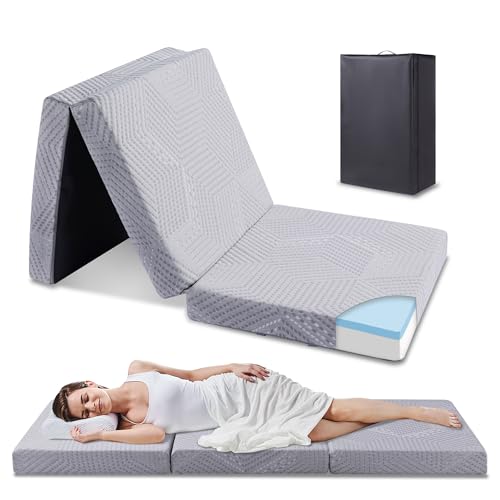 EGO HOME Klappmatratze 65x196 cm, Hoch 10 cm Gästematratze Klappbar, Härtegrade H3 Faltbare Matratze, Reisematratze, 3-Teilige Visco Gel Schaumstoff Faltmatratze für Reisen, Camping, Boden, Gästebet